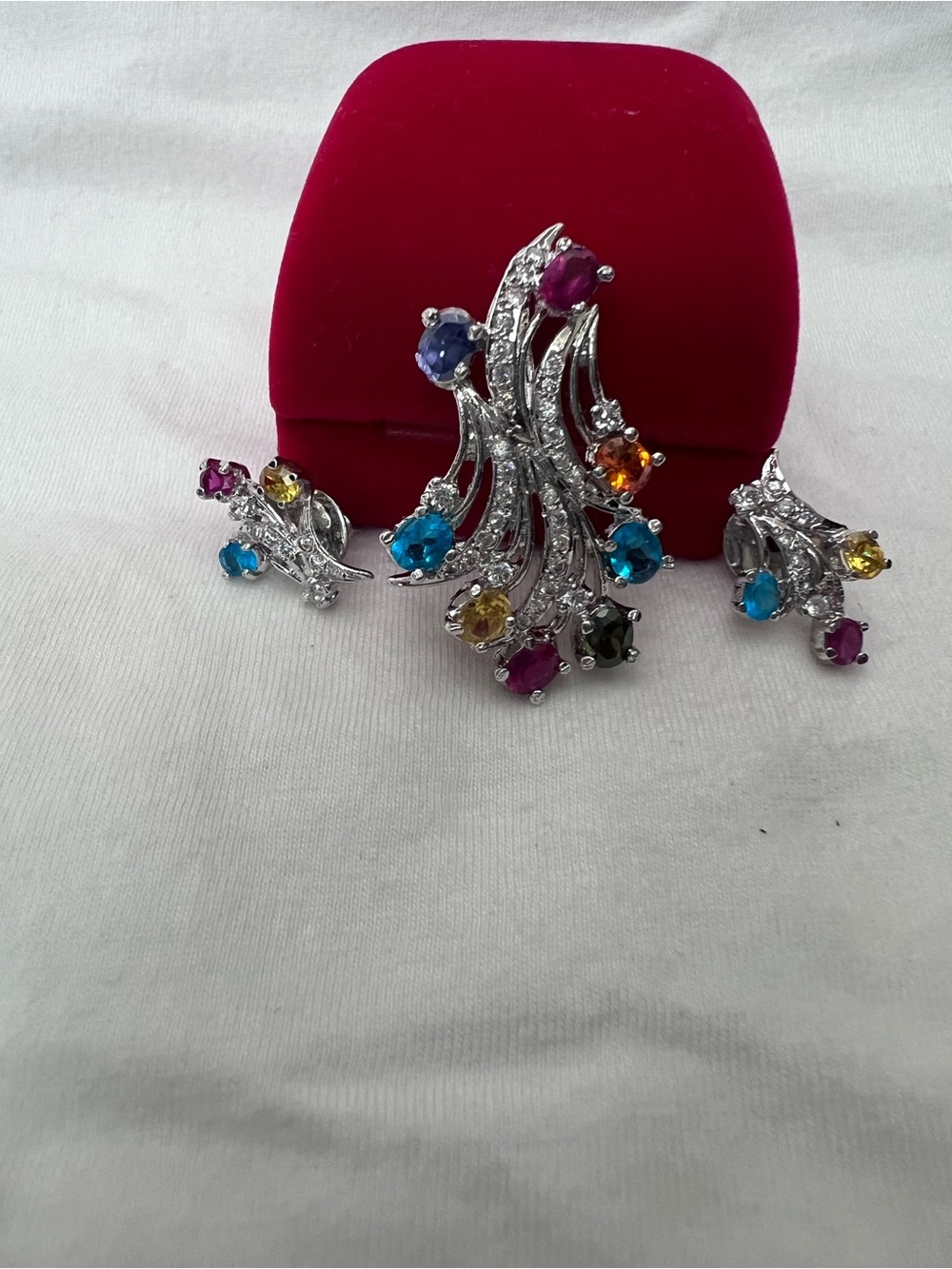 Silver-Tone Multi-Gem Floral Necklace and Earring Set - Colorful Stones